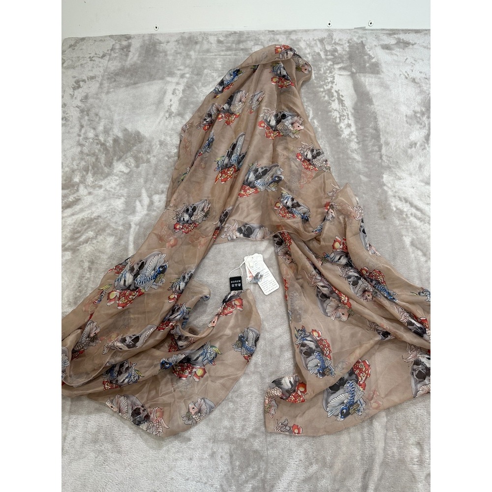 100% Silk Scarf Skull & Koi Fish Print Sheer 2' x 8' Brand New With Tags A. Zooe